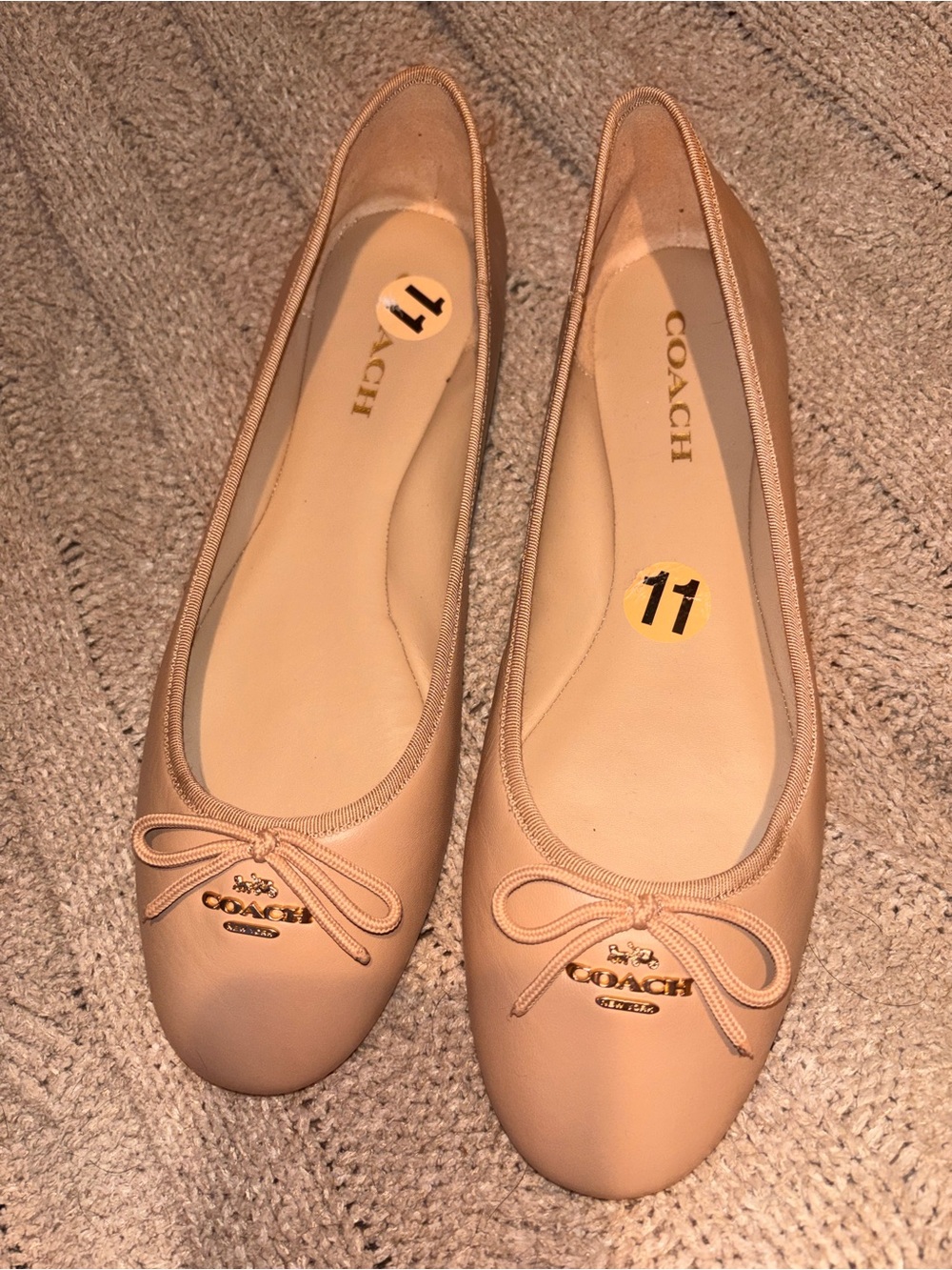 Coach Lea Ballet Flats Nude Blush Leather Bow Logo Women’s Size 11 US